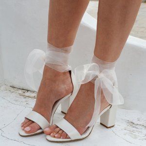 Ivory Leather Wedding Heels with Organza Laces